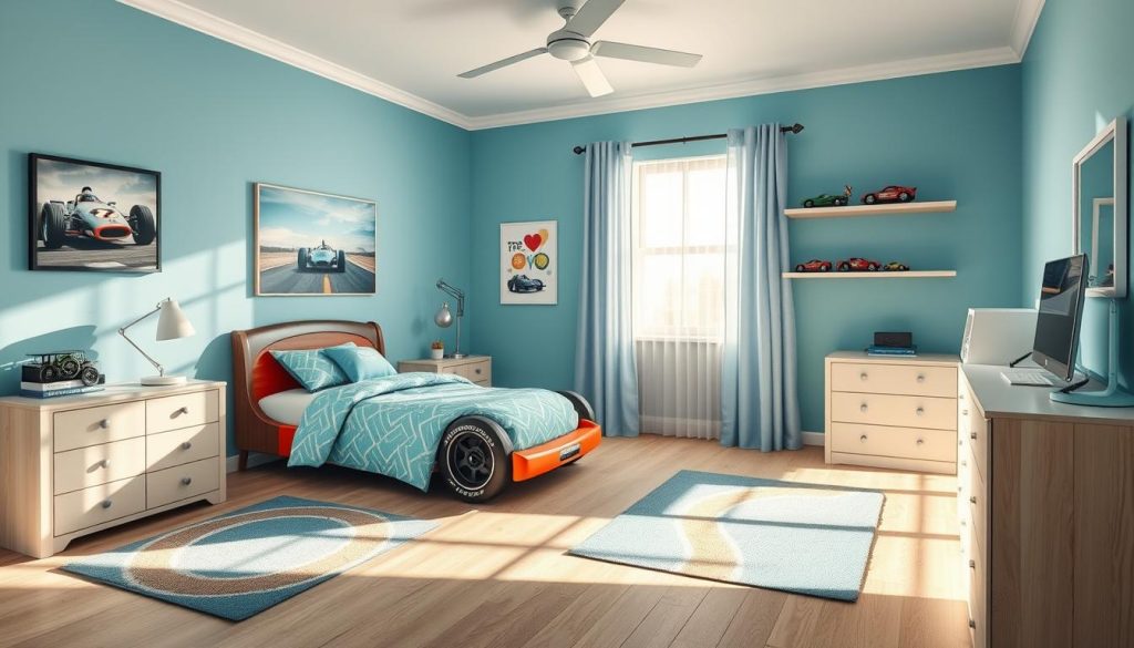 Tranquil Blues and Aqua colors for boys bedroom with motorsport theme