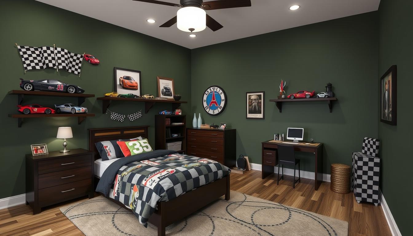 boy;s bedroom, motorsports theme, muted greens, deep browns