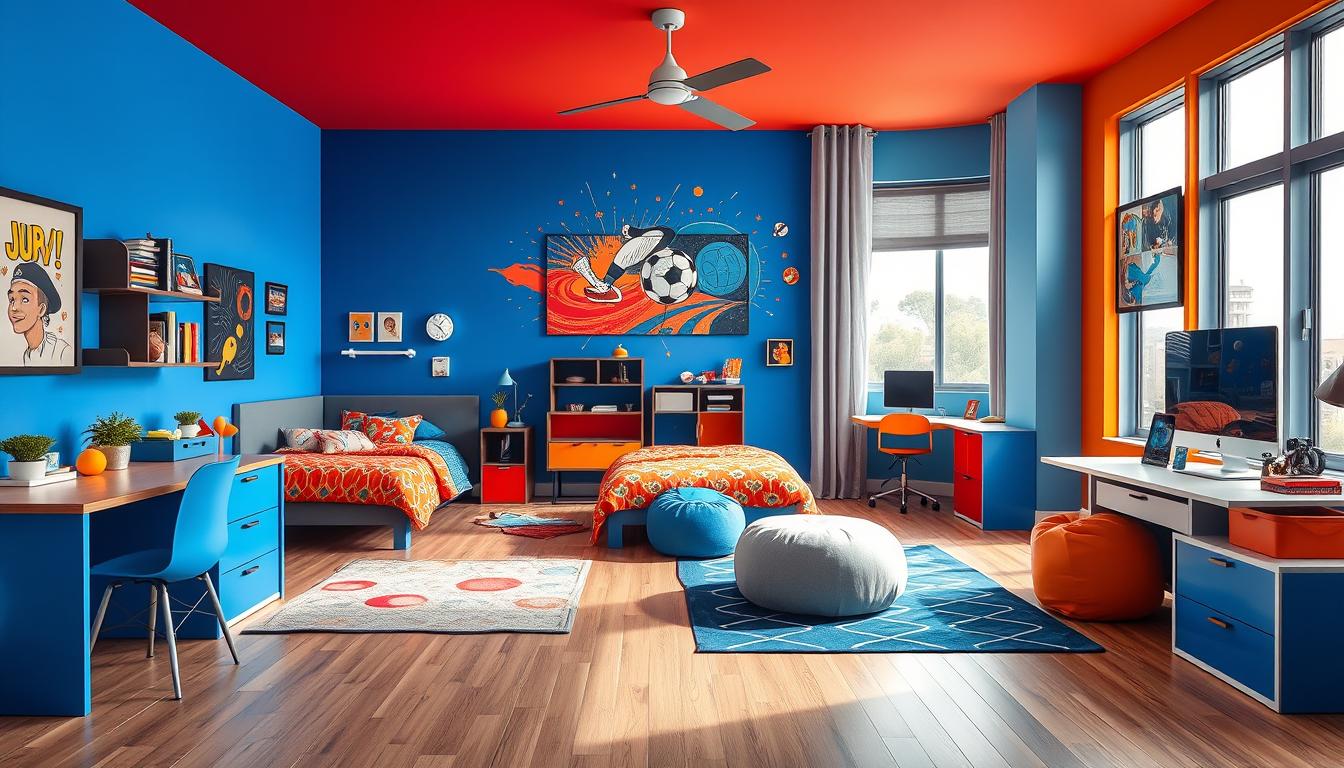 vibrant digital primary colors for boy's motorsport themed bedroom