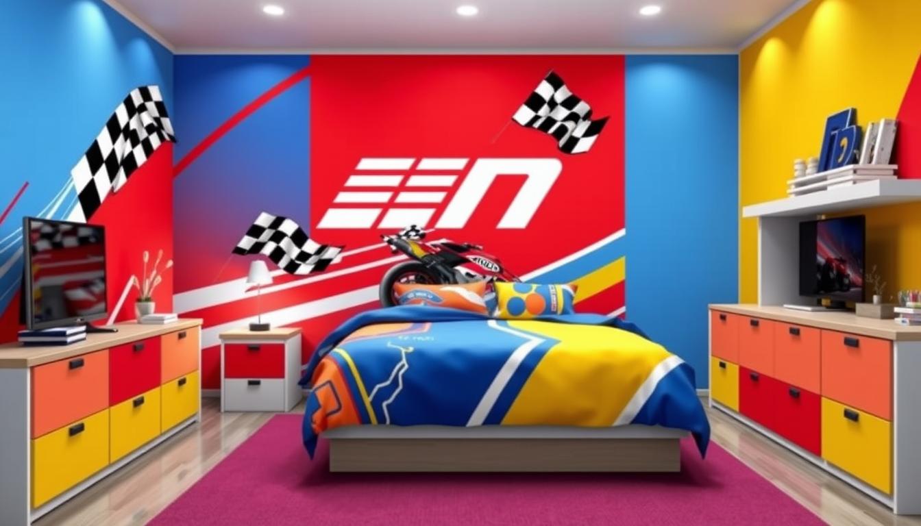 vibrant digital primary colors for boy's motorsport themed bedroom